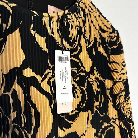 NEW Chico’s Floral Pleated Tiered Dress Black Label Tan Cocktail Party High Neck - Picture 4 of 10